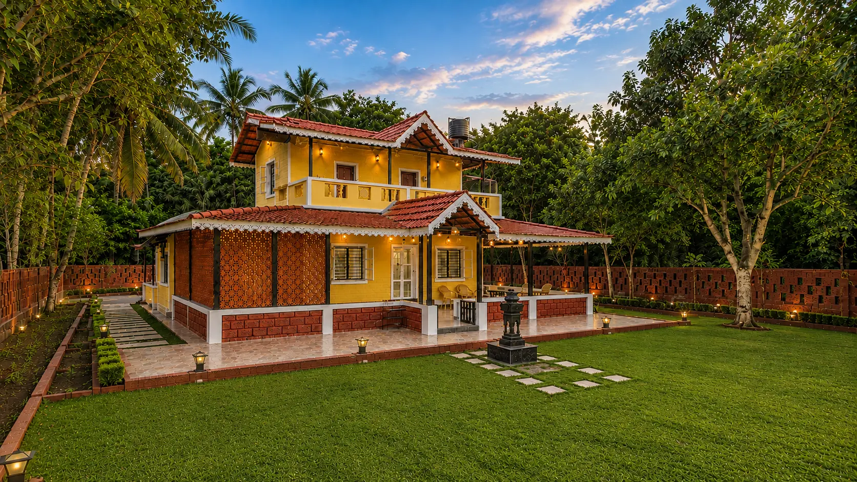 Saraswati Vinayak Villa in Dapoli glowing at sunset